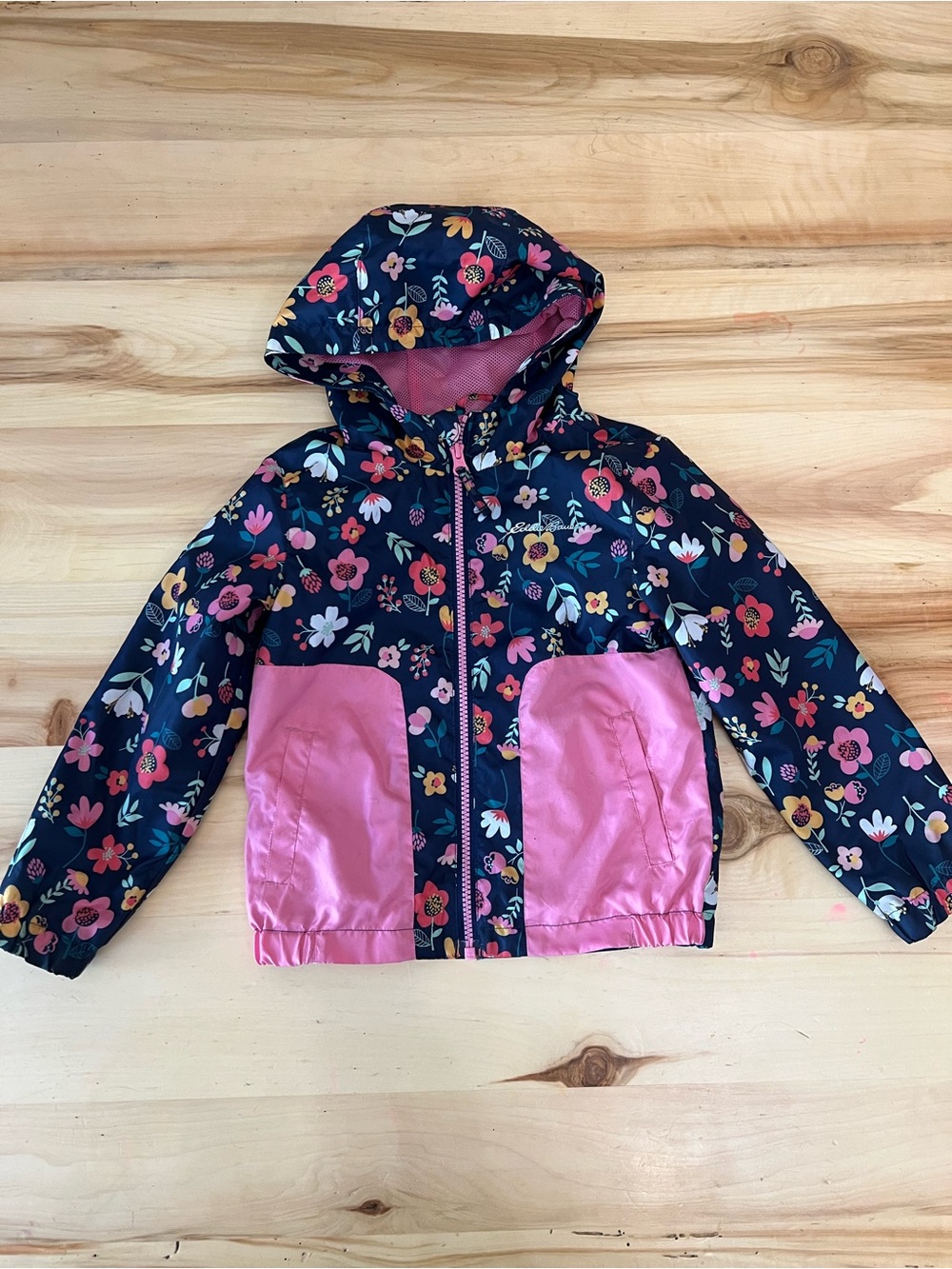 Eddie Bauer Girls' Floral Hooded Rain Jacket - Navy & Pink